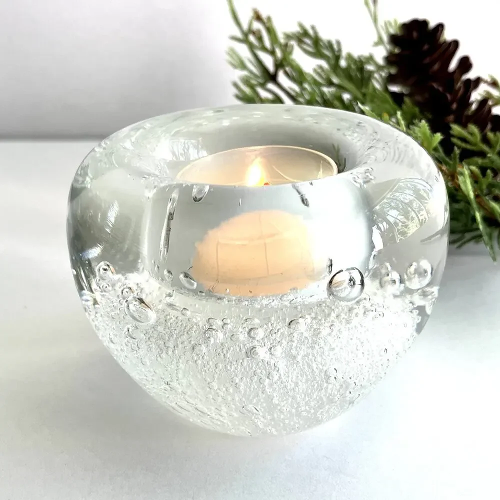 Hand Blown Clear Art Glass Large and Small Bubbles Candle Holder Paperweight